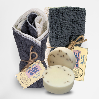 Starter Kit 100% Cotton Dishcloth 11" x 11" (4), Kitchen Towel 24" x 15" (2), Dish Soaps (1 Each Scent)