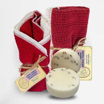 Starter Kit 100% Cotton Dishcloth 11" x 11" (4), Kitchen Towel 24" x 15" (2), Dish Soaps (1 Each Scent)