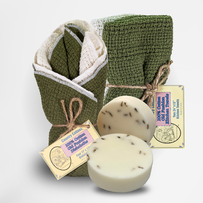 Starter Kit 100% Cotton Dishcloth 11" x 11" (4), Kitchen Towel 24" x 15" (2), Dish Soaps (1 Each Scent)